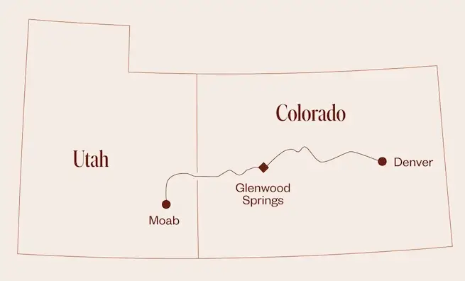 Map showing the borders of Utah and Colorado, with key locations labeled including Moab in Utah, and Glenwood Springs and Denver in Colorado, highlighting regional geography and travel routes.