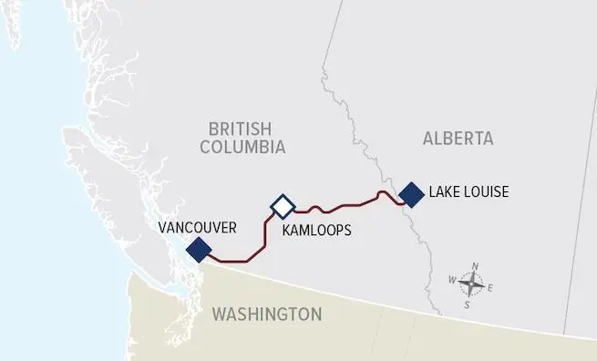 Map showing the route from Vancouver, British Columbia to Lake Louise, Alberta, with Kamloops as an intermediate stop, highlighting the geographical locations and major cities along the way.
