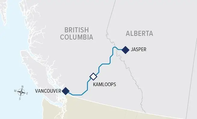 Map showing the route from Vancouver to Jasper, highlighting Kamloops as a midpoint, with labels for British Columbia and Alberta.