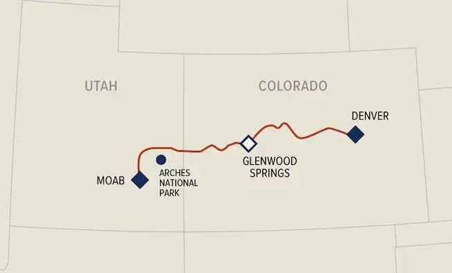Map showing the route from Moab, Utah, to Denver, Colorado, highlighting Arches National Park and Glenwood Springs along the way.