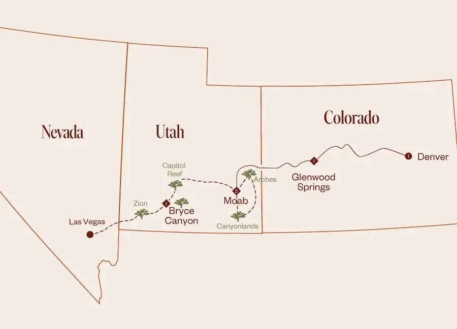 Map showing the route from Las Vegas, Nevada, through Utah's national parks including Bryce Canyon, Zion, Capitol Reef, and Arches, to Glenwood Springs and Denver, Colorado.