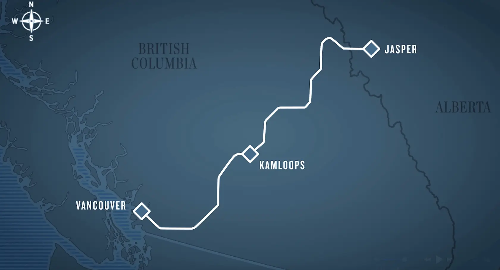 Map showing the route from Vancouver to Jasper, highlighting Kamloops, with geographical labels for British Columbia and Alberta.