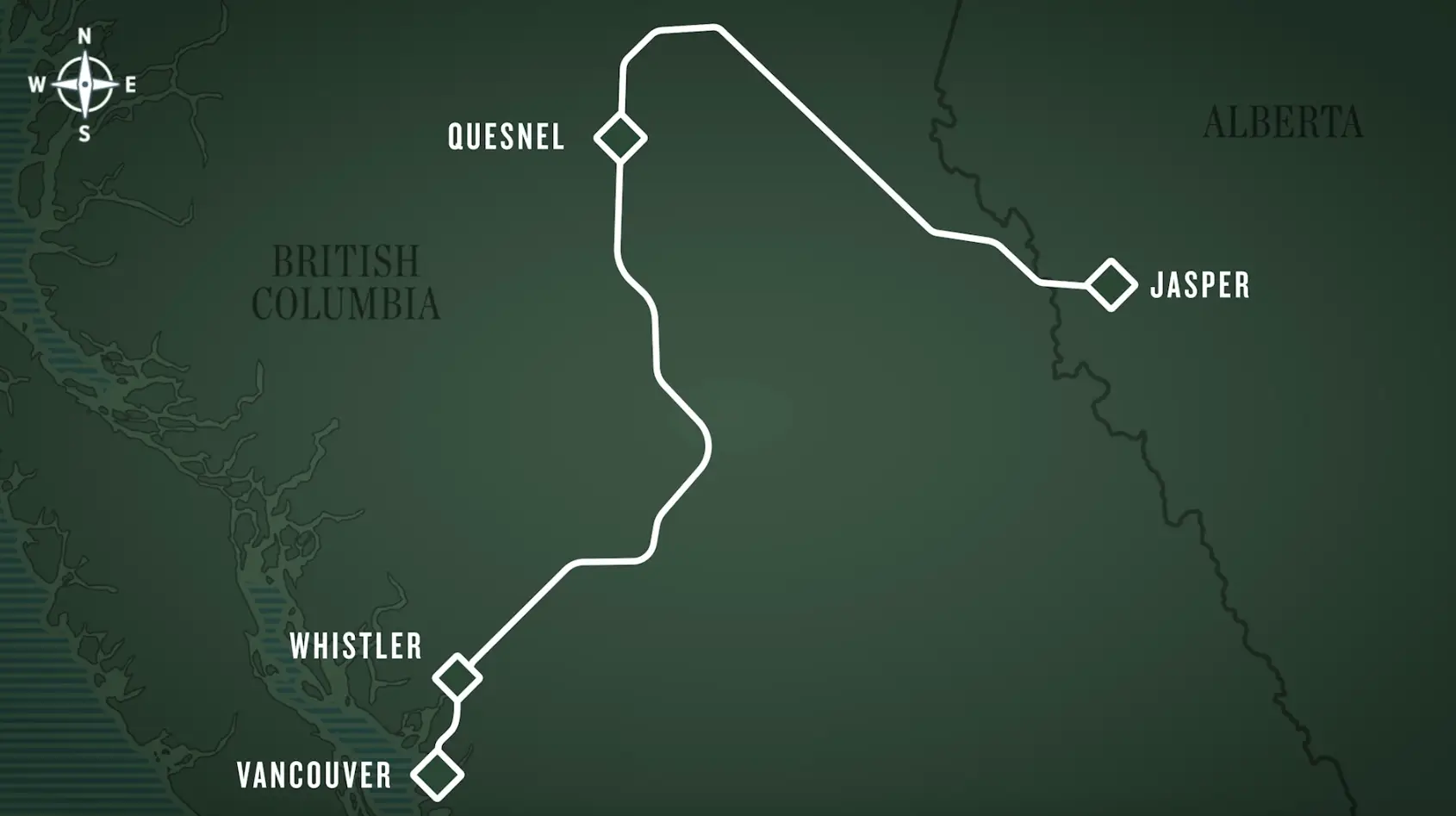 Map of British Columbia and Alberta highlighting key locations including Vancouver, Whistler, Quesnel, and Jasper, with a route marked in white connecting these cities. The map features a dark green background and compass rose for orientation.
