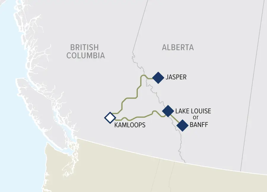 Map highlighting key locations in British Columbia and Alberta, including Kamloops, Jasper, Lake Louise, and Banff, with routes connecting these popular travel destinations.