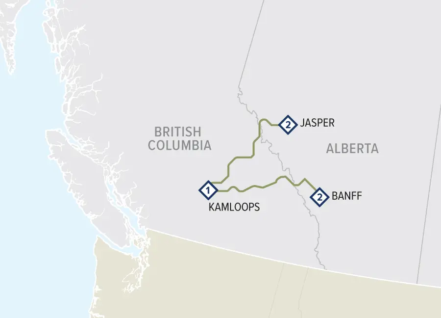 Map showing the route between Kamloops, Jasper, and Banff in British Columbia and Alberta, highlighting key locations for travelers exploring the Canadian Rockies.