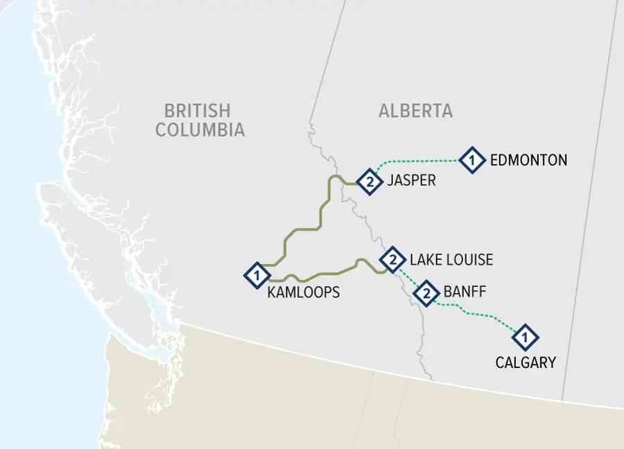 Map showing travel routes in Western Canada, featuring key locations such as Kamloops, Jasper, Lake Louise, Banff, Edmonton, and Calgary, highlighting the connections between these cities in British Columbia and Alberta.