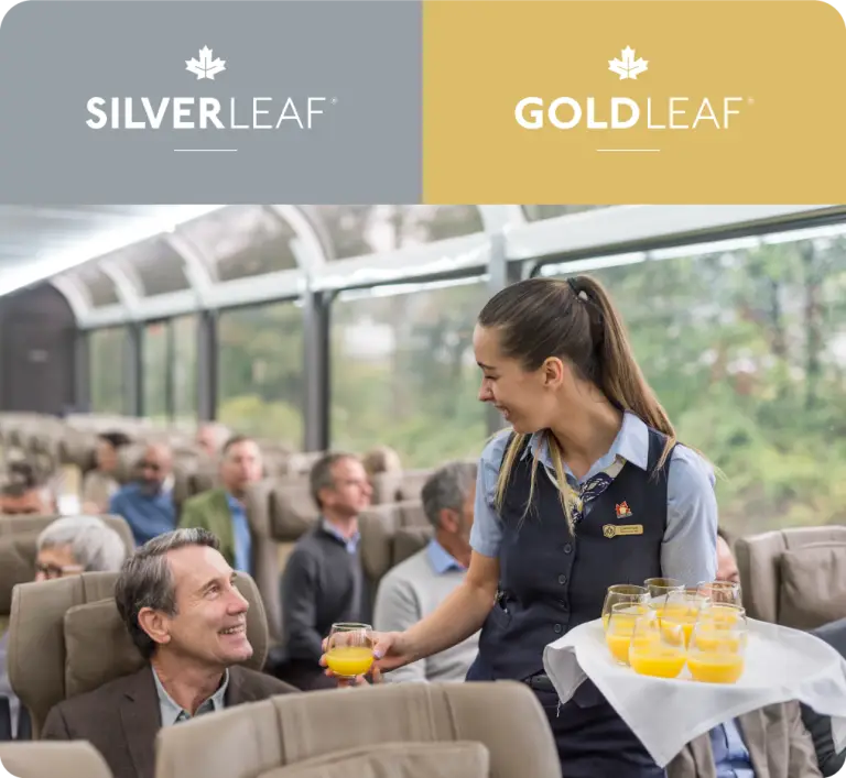 Interior view of a luxury train service featuring a smiling server presenting drinks to passengers in a comfortable setting, highlighting the SilverLeaf and GoldLeaf service options.